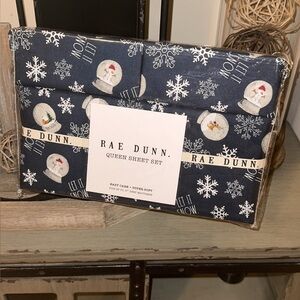 NWT Rae Dunn Christmas Holiday Seasonal Navy Queen Sheet Set Snowman Let it Snow